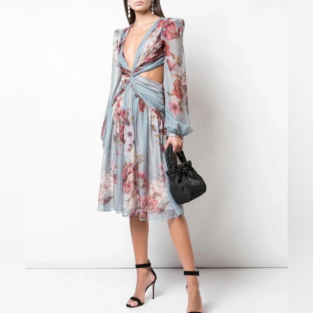 PatBO Floral Twist Cutout Midi Dress in Light Blue and Rose - Picture 5 of 8